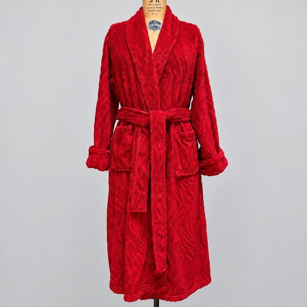 Natori Private Luxuries Plush Robe Womens M Red Long Belted Fleece Cozy